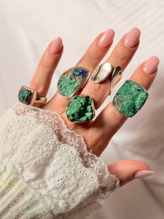 Sidabrinis Žiedas su azurito - malachito kristalu / 19 dydis