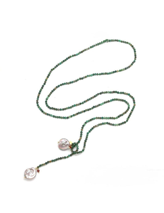 Ilgas žaliojo agato vėrinys su perlu