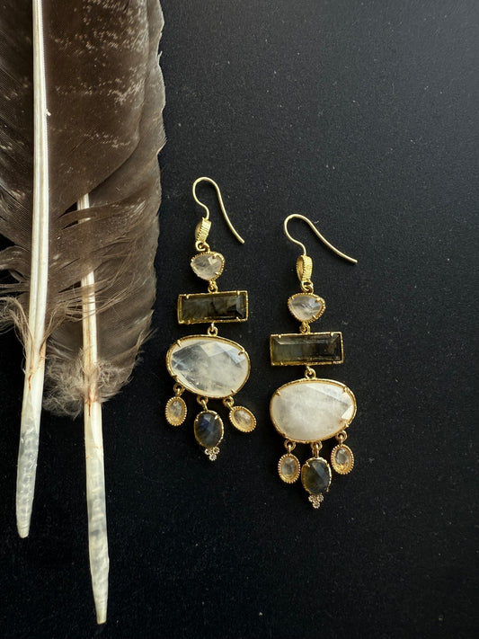 Labradorito ir kalnų krištolo auskarai