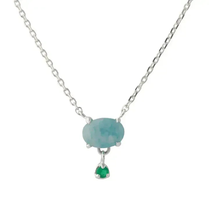 Sidabrinis kaklo papuošalas su mėlynojo kvarco ir žaliojo onikso kristalais