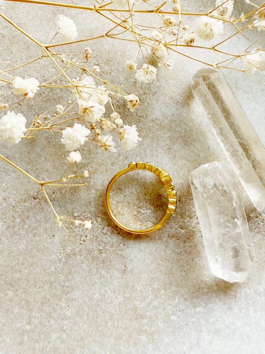 Žiedas su mėnulio akmeniu ir safyrais