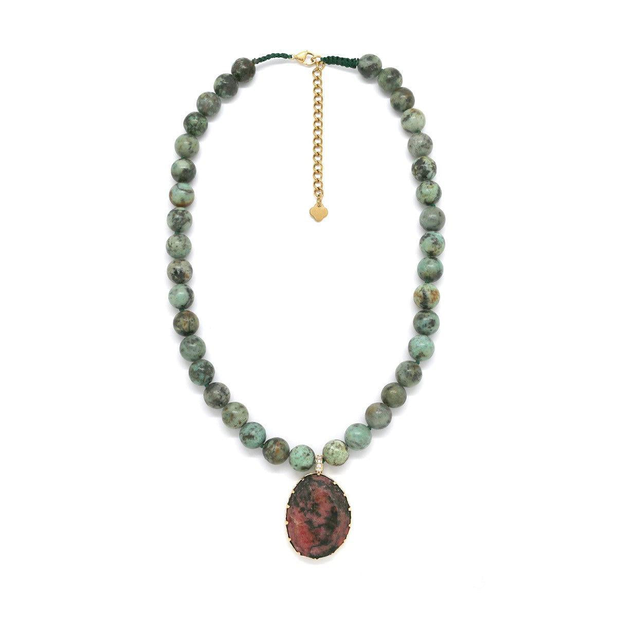 Afrikietiško turkio ir rodonito vėrinys "Alsuojanti Žemė"