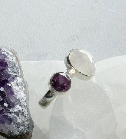 Ametisto ir mėnulio akmens žiedas "Šviesa" / 16 dydis