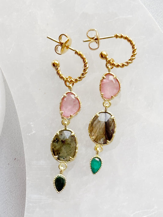 Auskarai su labradoritu ir rožiniu kvarcu