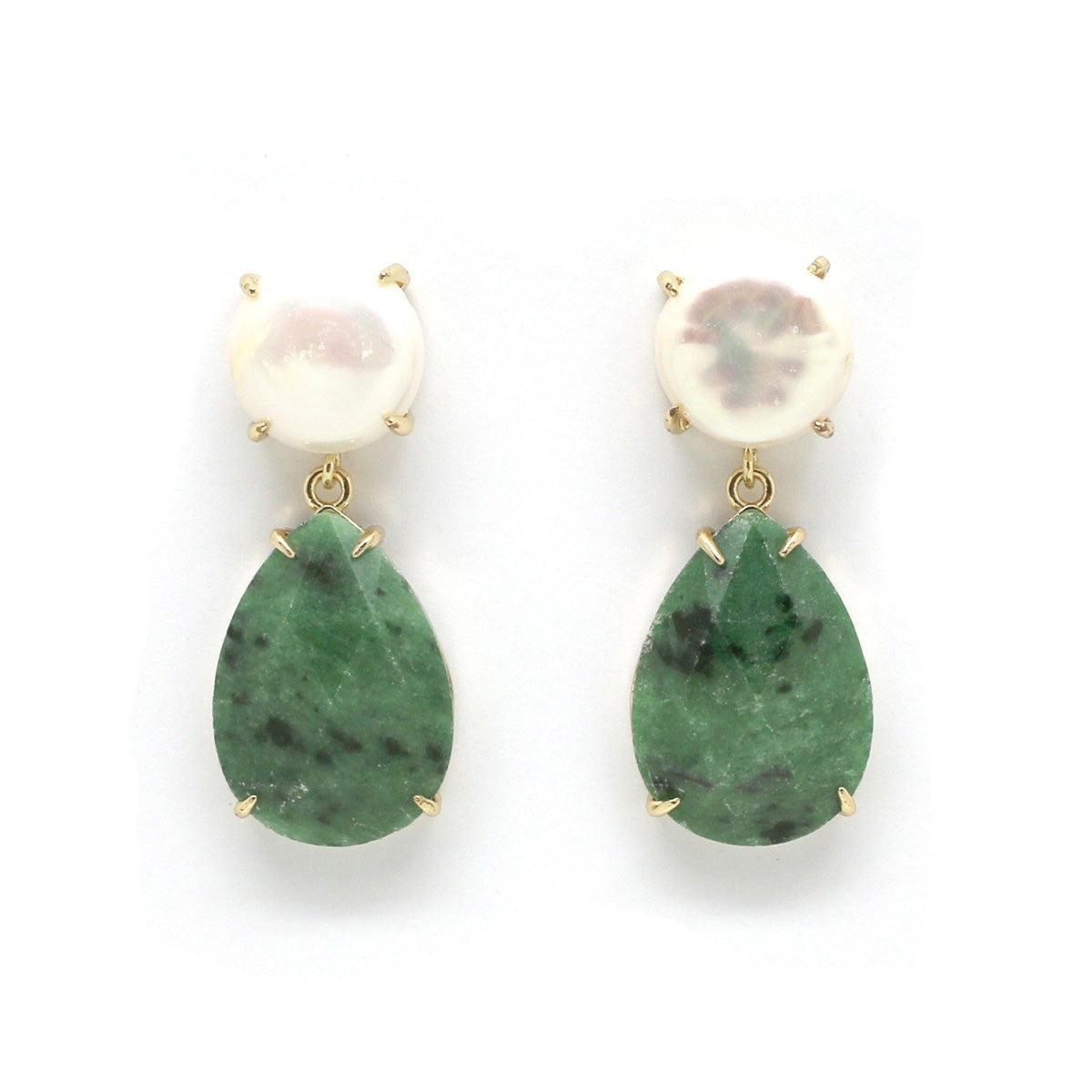 Auskarai su zoisito rubinu ir perlu