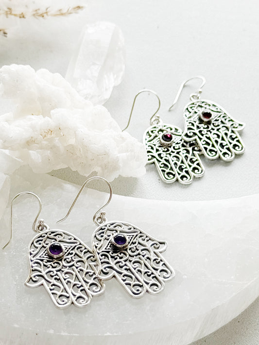 Sidabriniai auskarai "Hamsa ranka"