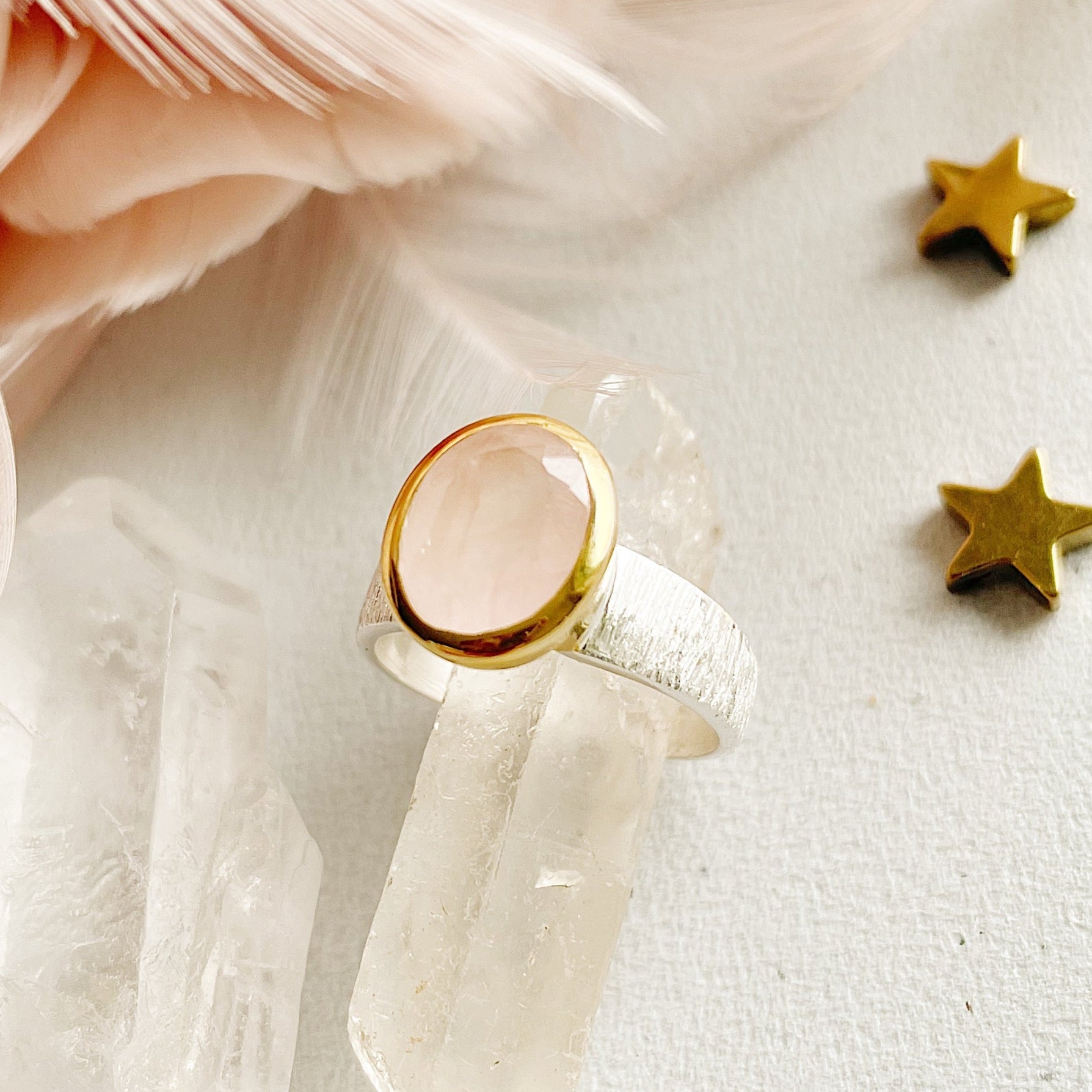 Sidabrinis Rožinio kvarco žiedas