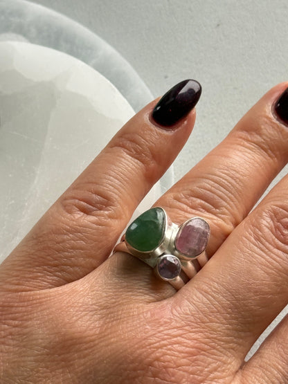 Sidabrinis turmalino, fluorito ir ametisto žiedas / 16 dydis