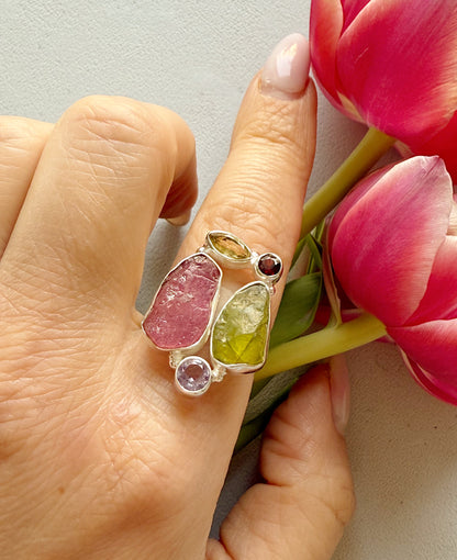 Sidabrinis turmalino, fluorito ir ametisto žiedas / 16 dydis