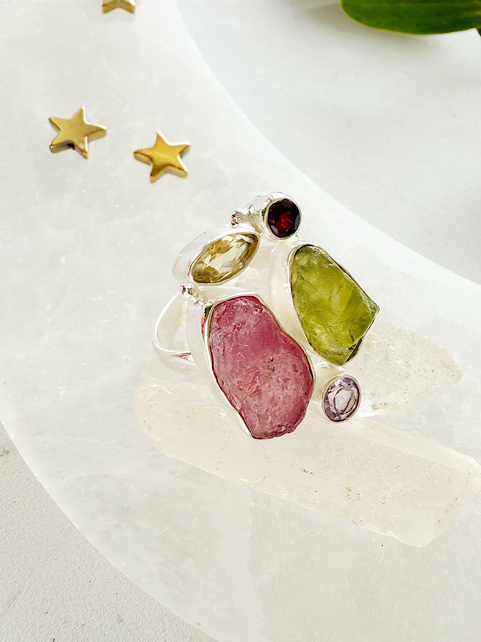 Sidabrinis turmalino, fluorito ir ametisto žiedas / 16 dydis