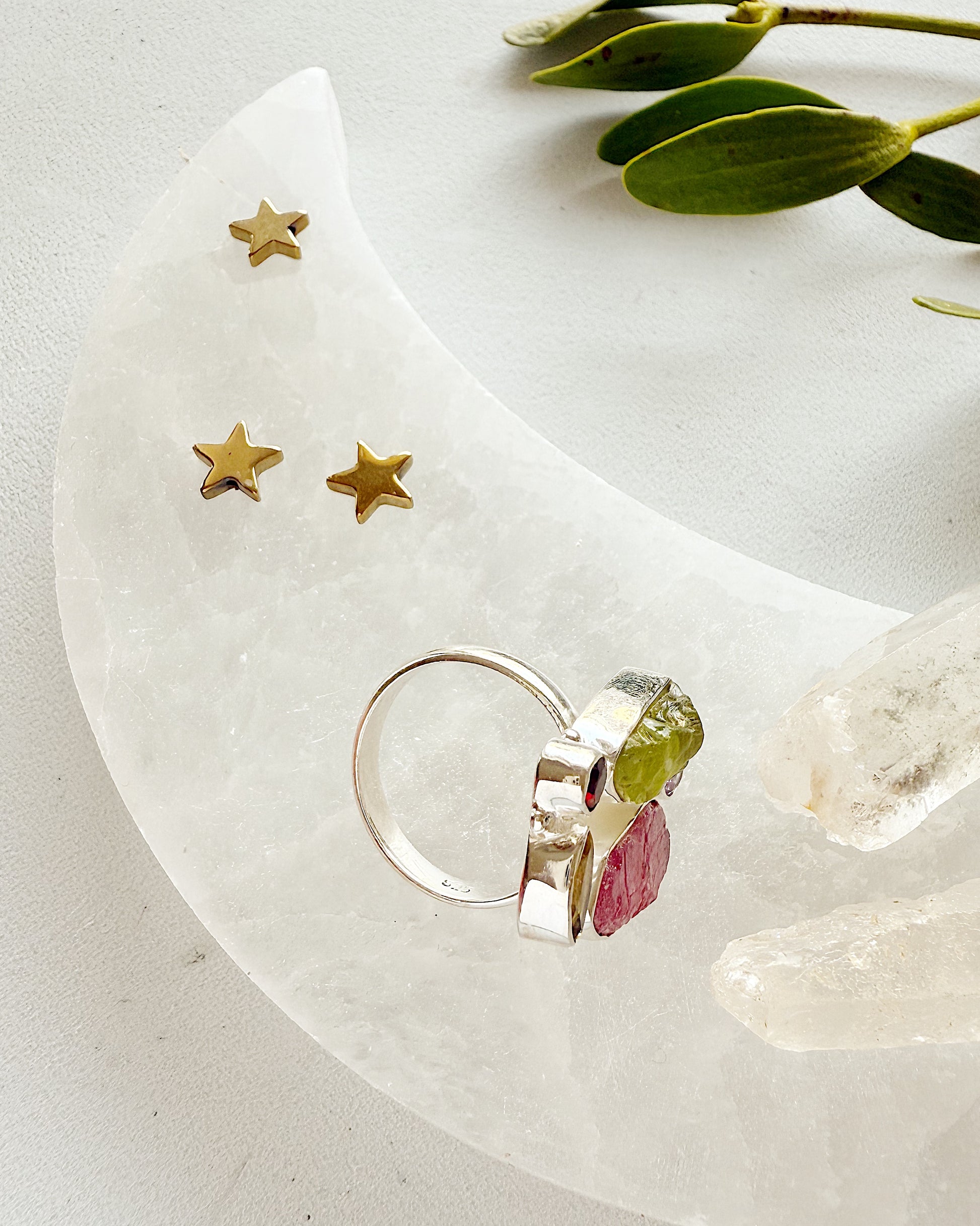 Sidabrinis turmalino, fluorito ir ametisto žiedas / 16 dydis