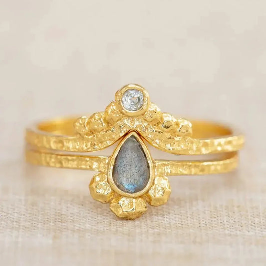 Žiedų duetas su labradorito ir topazo kristalais